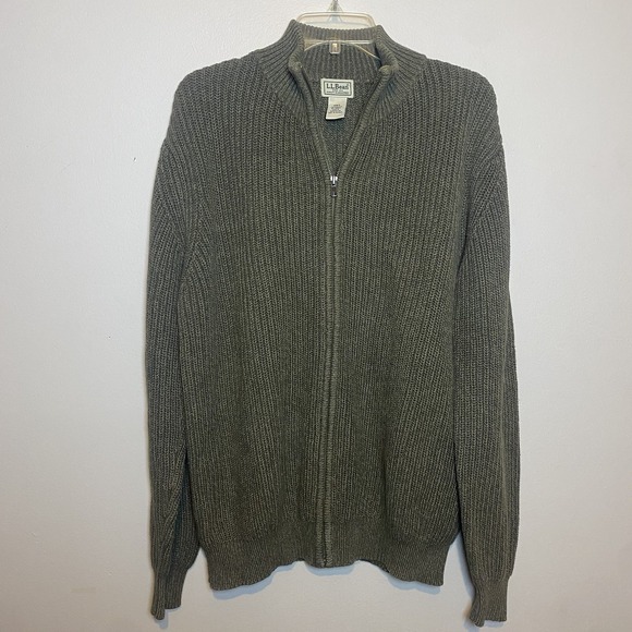 LL Bean Knit Ribbed Sweater Men's Size Medium Full Zip Olive Green 0YR27 - Picture 2 of 7